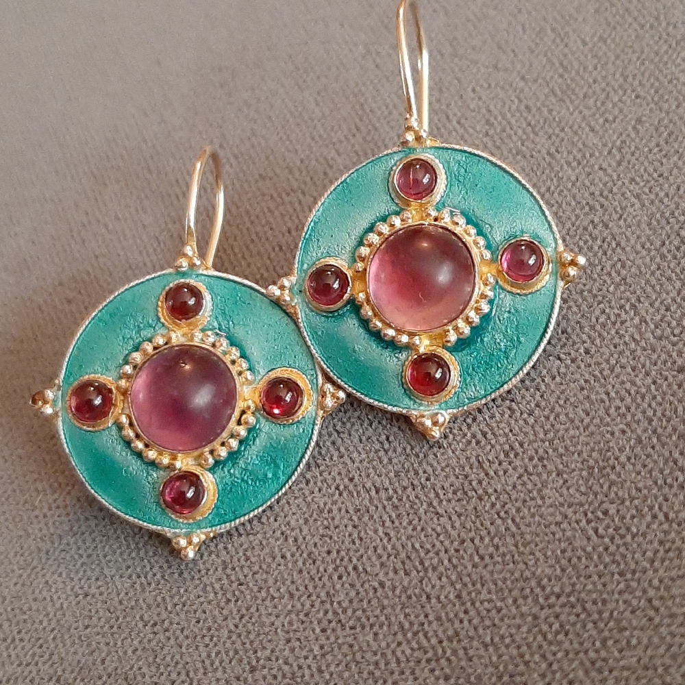 Beach glass enamel silver earrings